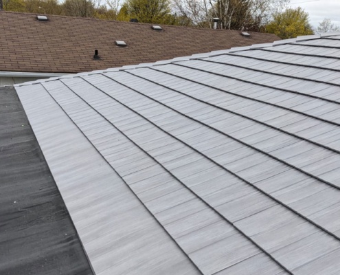 Low sloped section of a metal roof.